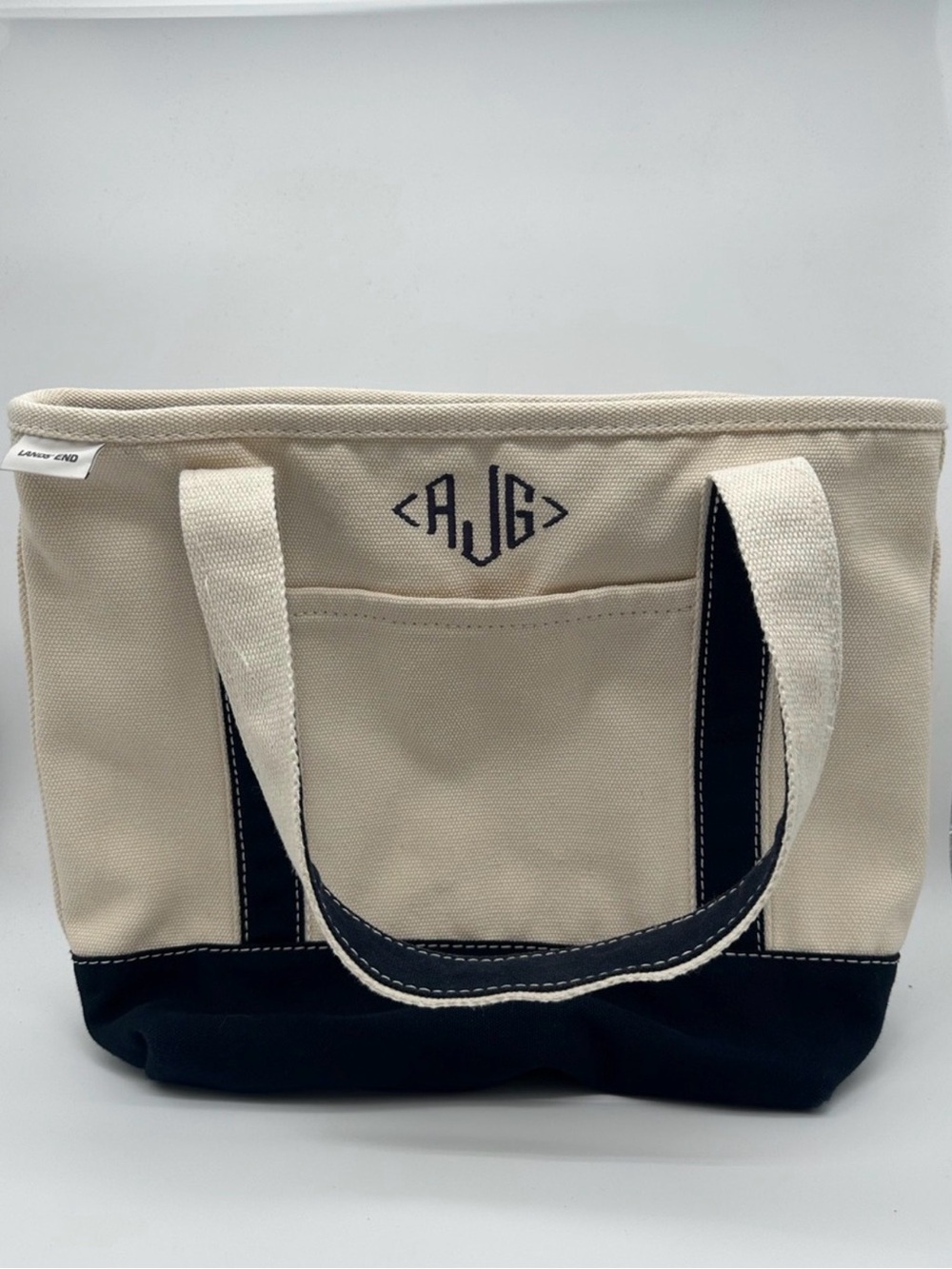 Lands’ End Canvas Boat Tote Navy Cream Monogram AJG Preppy Coastal